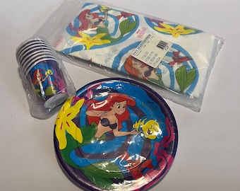 Platos y vasos vintage de Disney para fiesta de cumpleaños de La Sirenita, mantel de papel, Ariel, Flounder y Sebastian. Sirve para 8 personas.