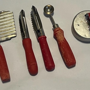 Vintage Farmhouse Kitchen Gadgets: Red Wood Handle Tool Set