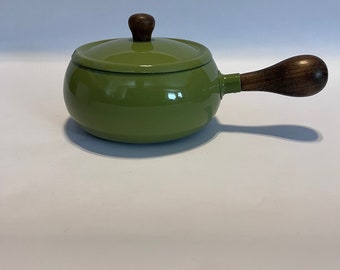 Vintage Avocado Green Enamel Fondue Pot Wood Handle