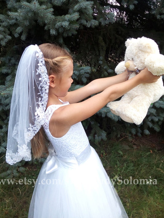 First Communion Headband Veil with Lace Flowers 