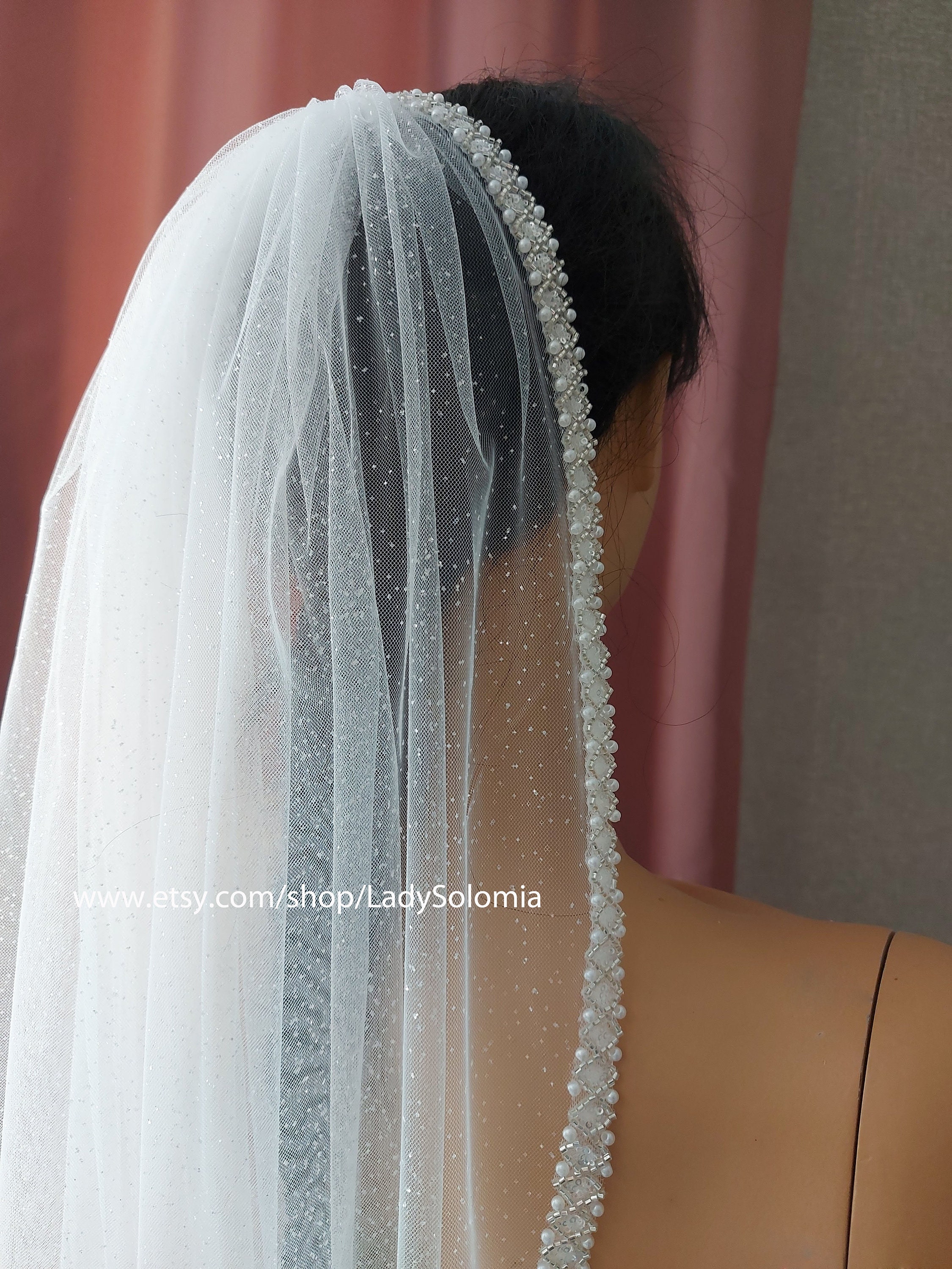 Shimmer Pearls Bridal Veil, Beaded Glitter Wedding Veil 