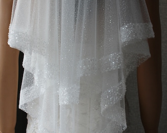Beaded wedding veil, Glitter Bridal Veil, Fingertip veil with glitter Wedding Veil, 2 tier beaded veil Ivory glitter bridal veil Beaded Veil
