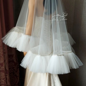 Pearls ruffles veil soft tulle Fringe veil Frill tulle veil blusher Ruffles veil blusher wedding Ruffled edge veil Fluffy Ruffle boho veil