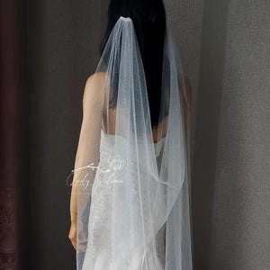 May include: A long, white bridal veil with a sparkling, glittery finish. The veil drapes down the back. The bride's dress is visible beneath the veil. The image is taken from behind, showing the back of the bride.