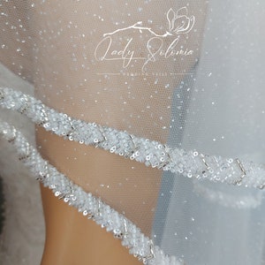 Shimmer Beaded veil, 2 tier Sparkle Veil, Cathedral silver glitter veil
