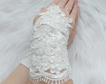 Ivory Lace Fingerless Wedding Gloves, Beaded Alencon Bridal Accessories