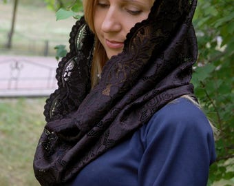 Black Traditional Catholic Infinity Mantilla veil Black Lace scarf Head Сovering Orthodox veils, Catholic Veil for Mass, Lace church snood