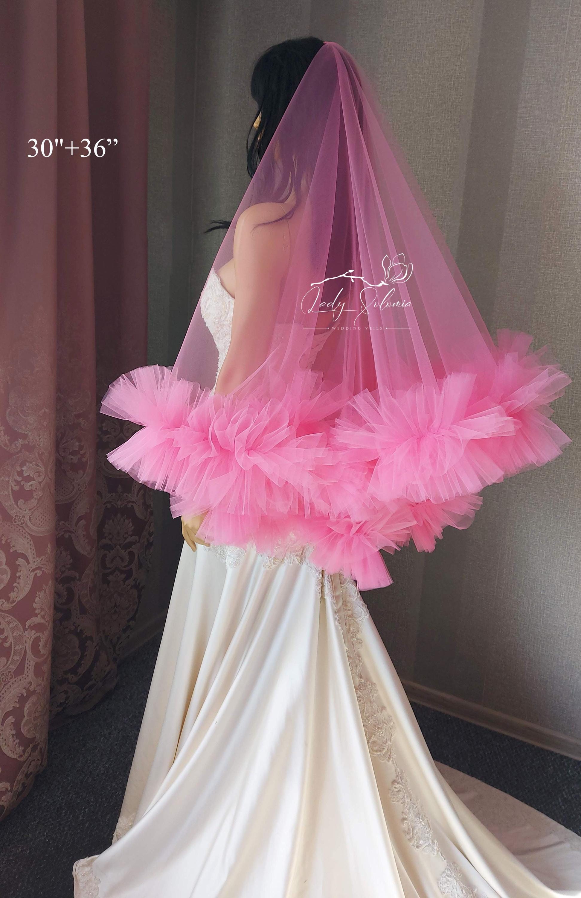 Hot Pink Ruffle Veil Frill Tulle Veil Ruffled Wedding Veil Blusher