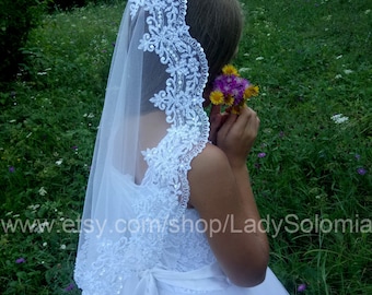 Beaded First Communion Veil, White First Holy Communion  Mantilla, Flower girl veils, Lace girl Mantilla Ivory First Communion Mantilla Veil