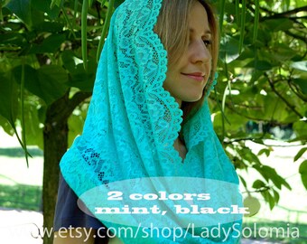 Mint Catholic mantilla, Religious church prayer headcovering, Mint chapel veils Infinity Scarf Mantilla Infinity Lace Snood, Latin Mass Veil