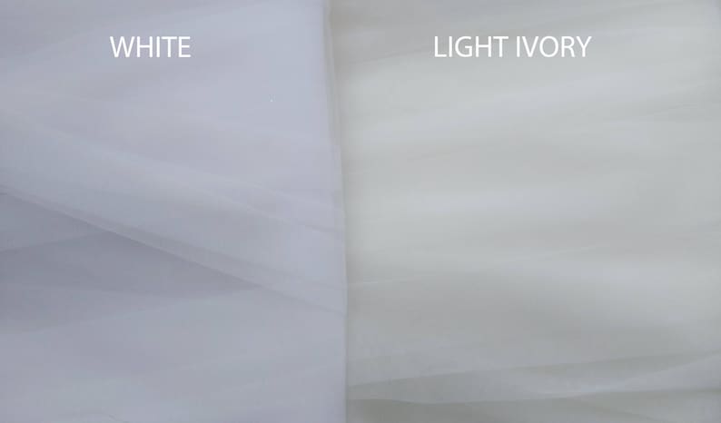 May include: A side-by-side comparison of two sheer fabrics. The left section is labeled WHITE and features a bright, cool-toned white tulle. The right section is labeled LIGHT IVORY and displays a warmer, off-white, cream-toned tulle fabric.
