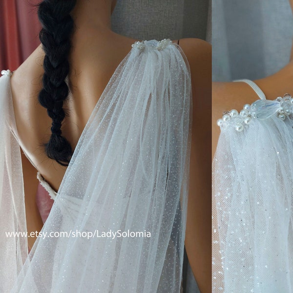 Shimmer Cape Veil with V-shaped, Shoulder cape Veil, Sparkly Tulle Shoulder train