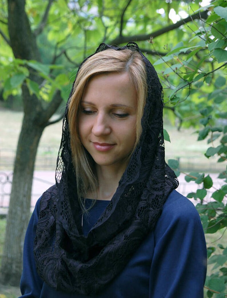 Black Head Coverings Religious Lace Scarf Circle Church Etsy