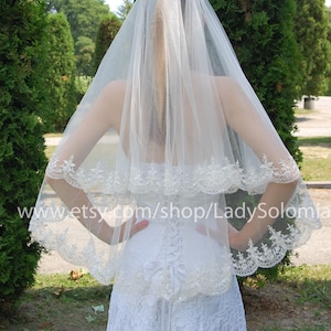 Cathedral Lace Veil, Blusher lace veil, Ivory Two tiers veil, White Long lace veil Two tiers long veil Lace wedding veil Cathedral Drop Veil