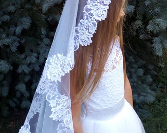 Bloemen eerste communie sluier Mantilla communie sluier Lace communie sluier Heilige communie Bloemenmeisje sluiers Lace Mantilla communie witte sluiers