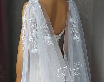 3D Flowers cape veil Cathedral draped Cape Wedding veil Shoulder cape Veil Floral cape veil leaves bridal cape Flowered wedding veil