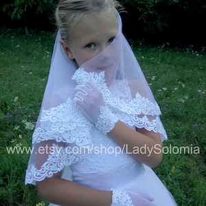 First Communion Veil + Gloves, lace Flower girl veils, Holy Communion, Two tier communion veil, Lace Girls gloves Little girls veil Mantilla