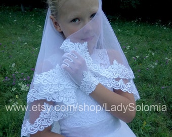 First Communion Veil + Gloves, lace Flower girl veils, Holy Communion, Two tier communion veil, Lace Girls gloves Little girls veil Mantilla