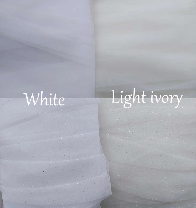 May include: A split-view display of sheer fabric swatches. The left side shows white tulle, with the top section plain and the bottom section featuring subtle glitter. The right side shows light ivory tulle, also with plain and glittered sections.