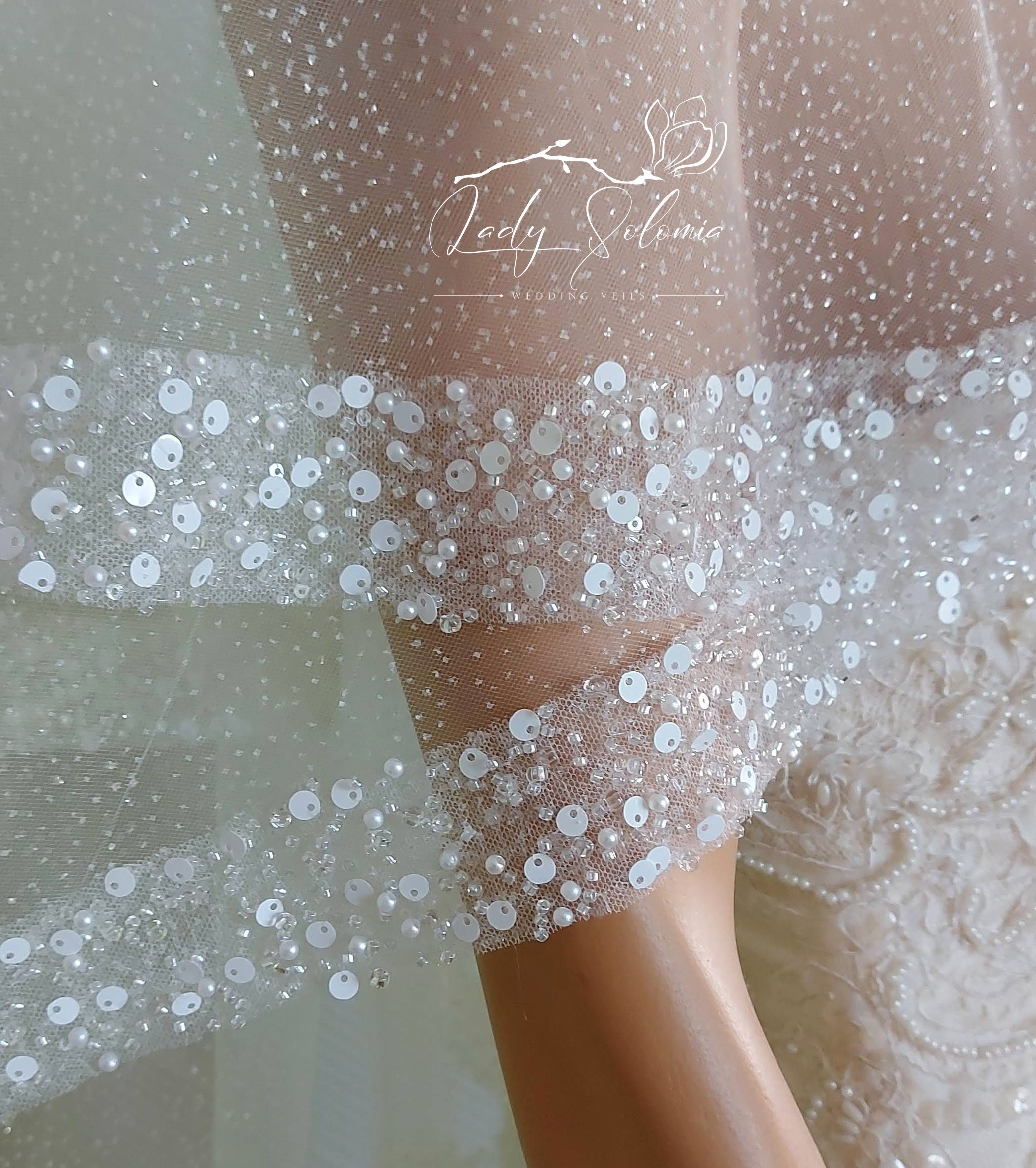 ?White Bridal Wedding Veil with Sequins and Beads. Arlington Single Tier Bead and Sequin Edge Bridal Veil main image 2