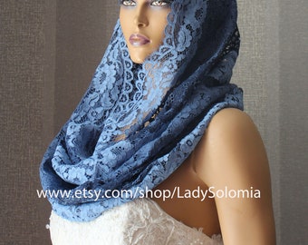 May include: A blue lace infinity scarf with a floral pattern draped over the head and shoulders of a mannequin. The scarf features an ombre color gradient transitioning from light blue to dark blue. The text www.etsy.com/shop/LadySolomia is visible.