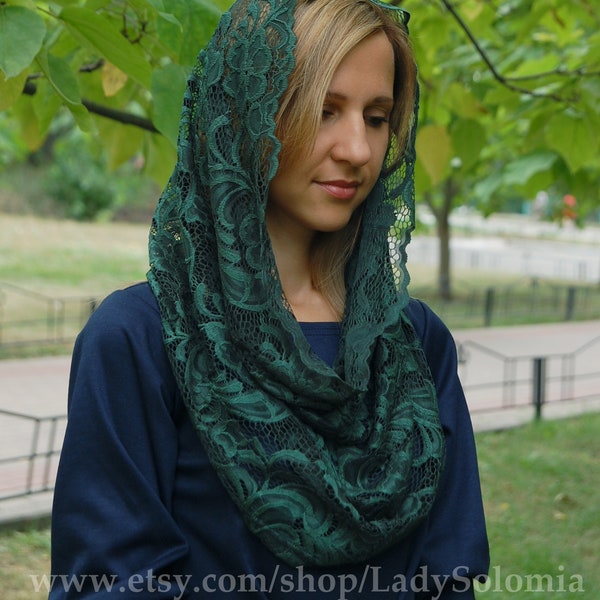 Soft Green lace veil catholic infinity mantilla catholic chapel veil green mantilla veil, Headcovering for church, Orthodox veil, Lace snood