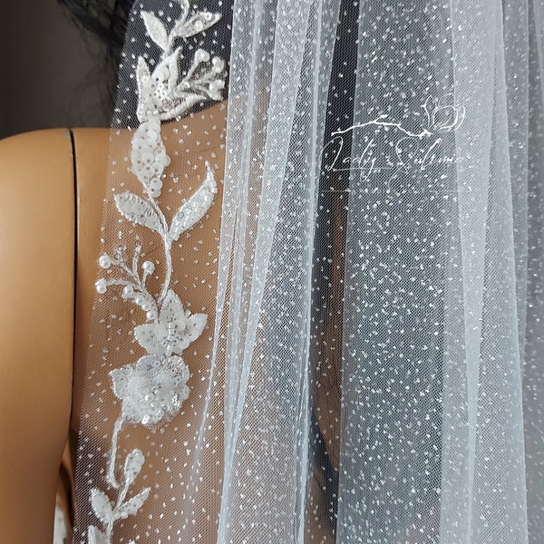 3D flowers wedding glitter veil leaves wedding veil white shimmer veil sparkle veil cathedral beaded veil 3D leaves glitter lace flower veil
