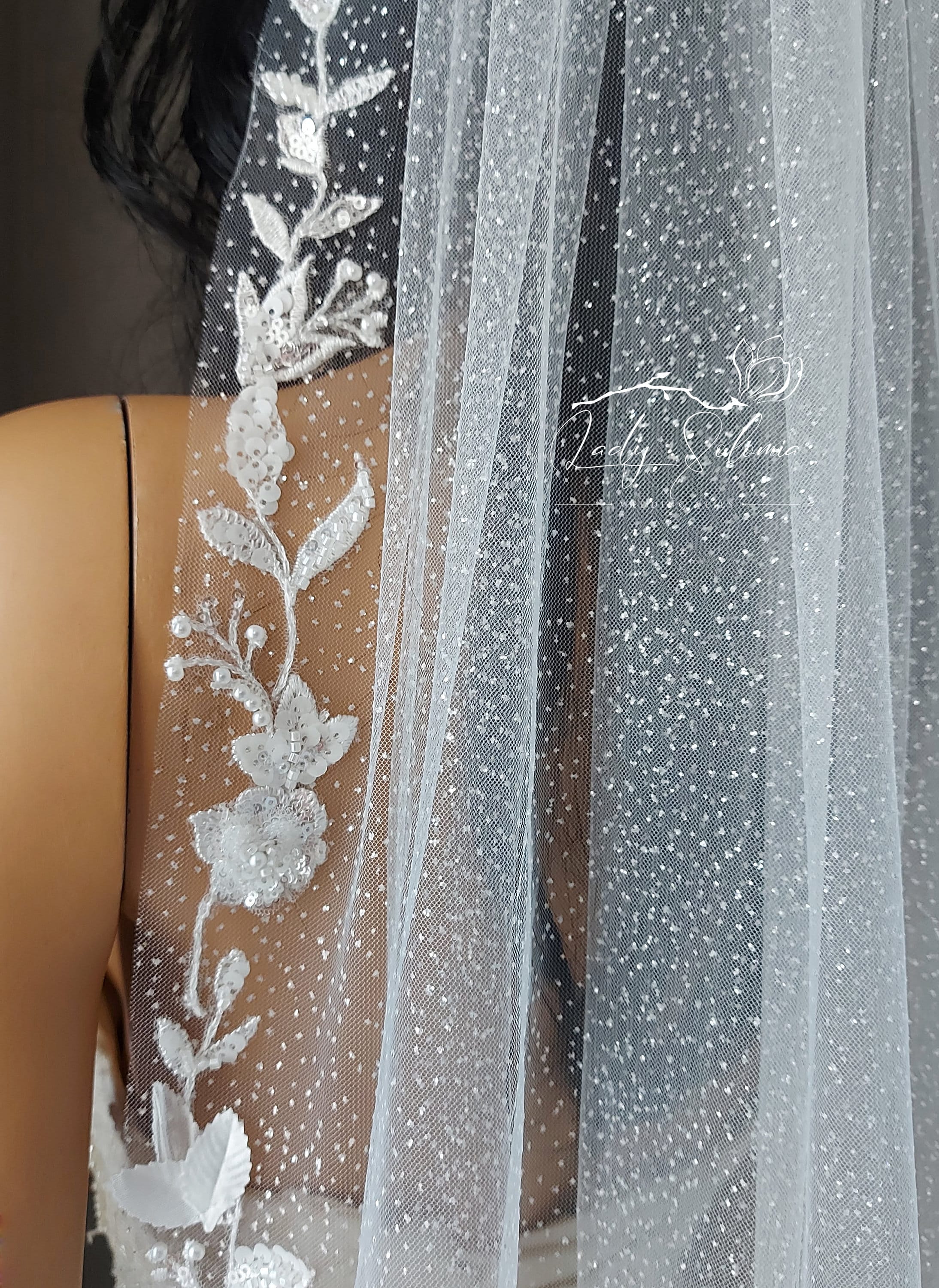 3D flowers wedding glitter veil leaves wedding veil white shimmer veil sparkle veil cathedral beaded veil 3D leaves glitter lace flower veil