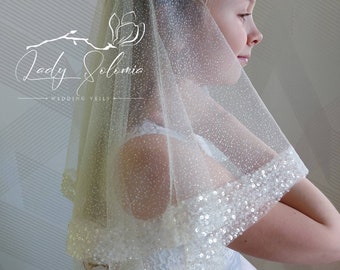 Beaded glitter first communion veil sparkle flower girl veil 2 tier, communion veil, holy communion two-tiered girl veil