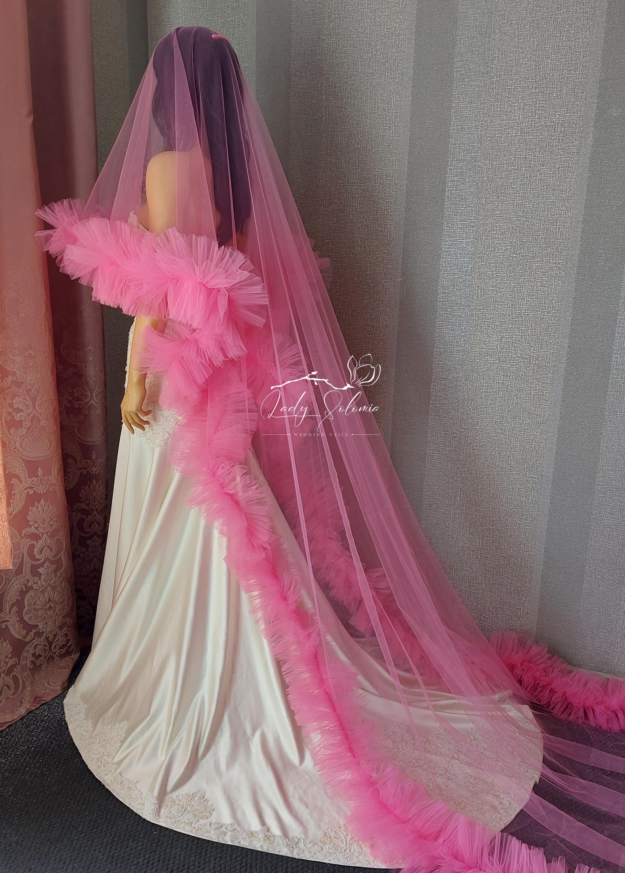 Hot Pink Ruffle Veil Frill Tulle Veil Ruffled Wedding Veil Blusher