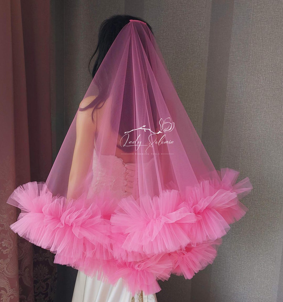 Hot Pink Ruffle Veil Frill Tulle Veil Ruffled Wedding Veil Blusher