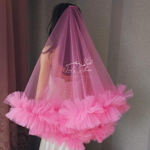 Hot Pink ruffle veil Frill tulle veil Ruffled wedding veil blusher Ruffled edge veil Hot Pink Bachelorette party Veil Pink Bride To Be Veil