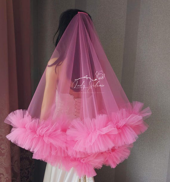 Hot Pink Ruffle Veil Frill Tulle Veil Ruffled Wedding Veil Blusher