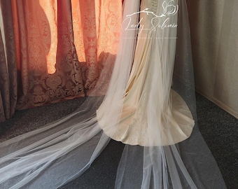 May include: A floor-length ivory wedding dress with a lace-up back and long, sheer, floor-sweeping tulle cape sleeves. The dress features a train and a logo with the text Lady Solomia Wedding Veils. The fabric has a subtle shimmer throughout.