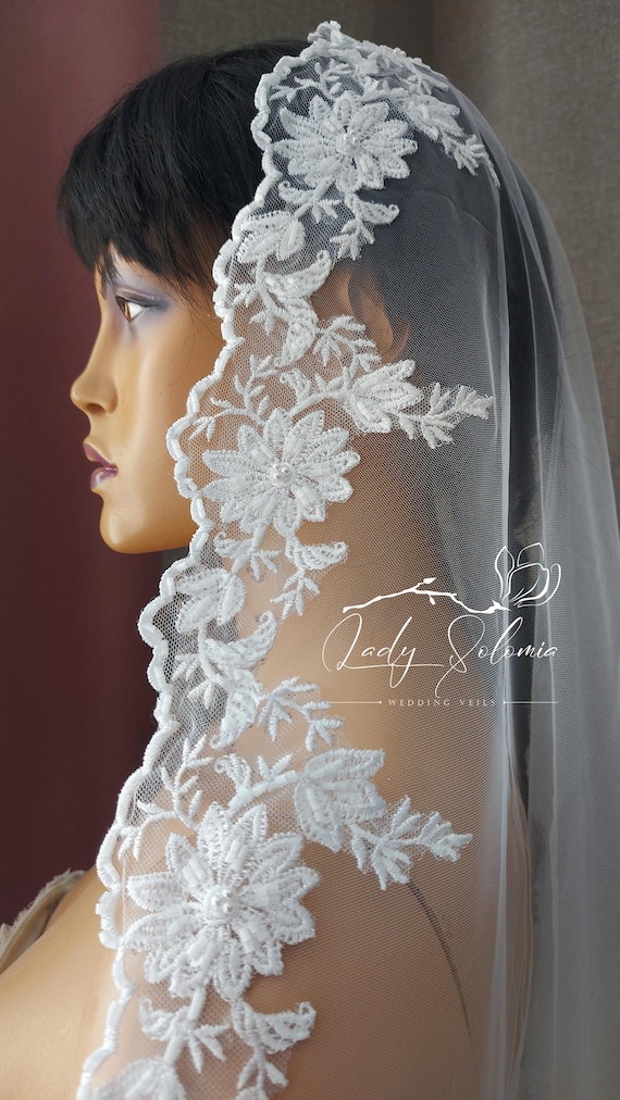 White Lace Floral Veil Pearl Wedding Veil Beaded Wedding 