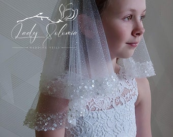 White Beaded Glitter First Communion Veil Sparkle Flower girl veil 2 tier, Communion veil, Holy Communion Two-tiered girl veil