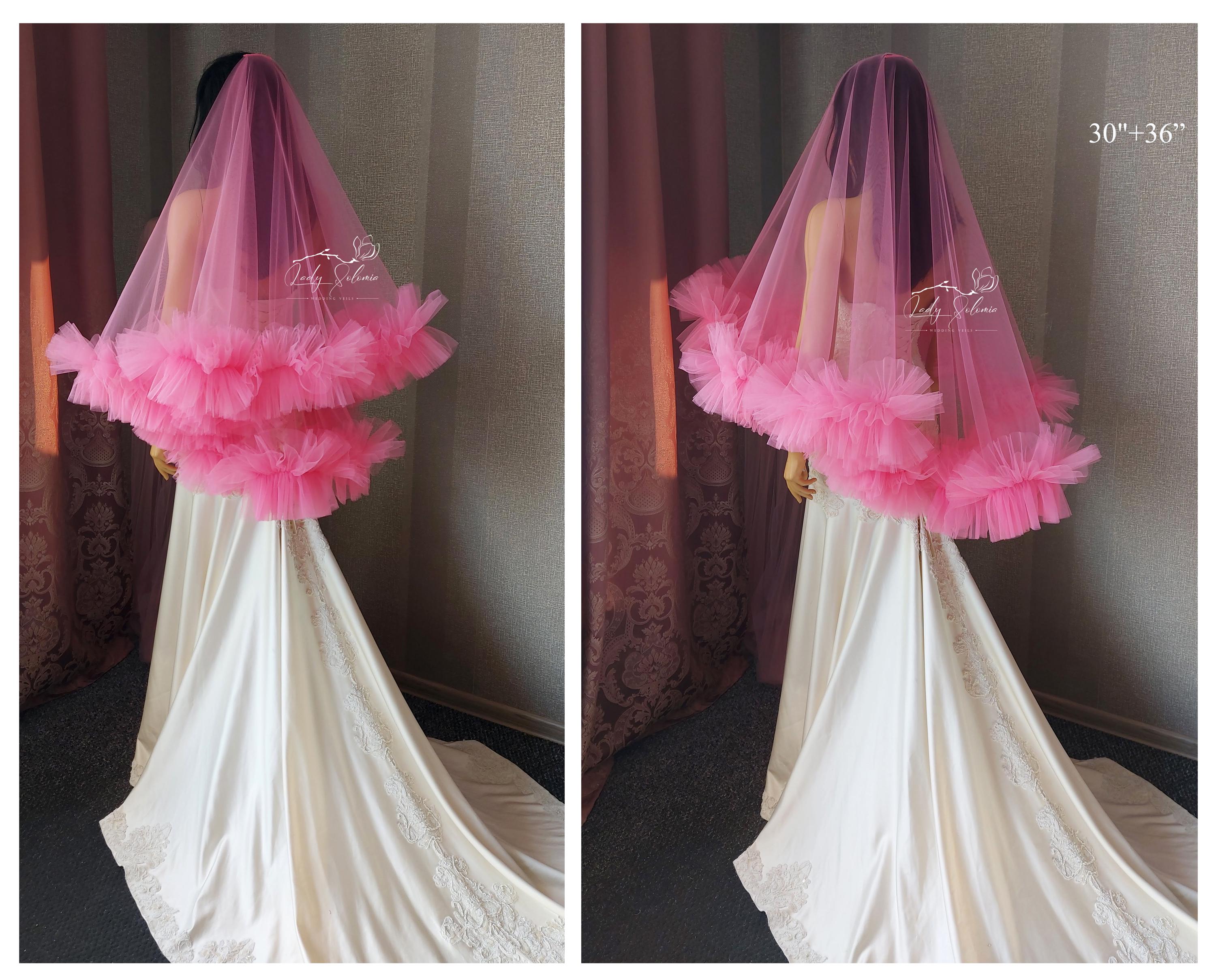 Hot Pink Ruffle Veil Frill Tulle Veil Ruffled Wedding Veil Blusher