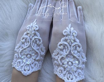 Guantes y velo blancos para niña de las flores Guantes de Primera Comunión Guantes para damas de honor jóvenes Guantes para la iglesia de Pascua Guantes para niñas pequeñas Guantes para fiestas
