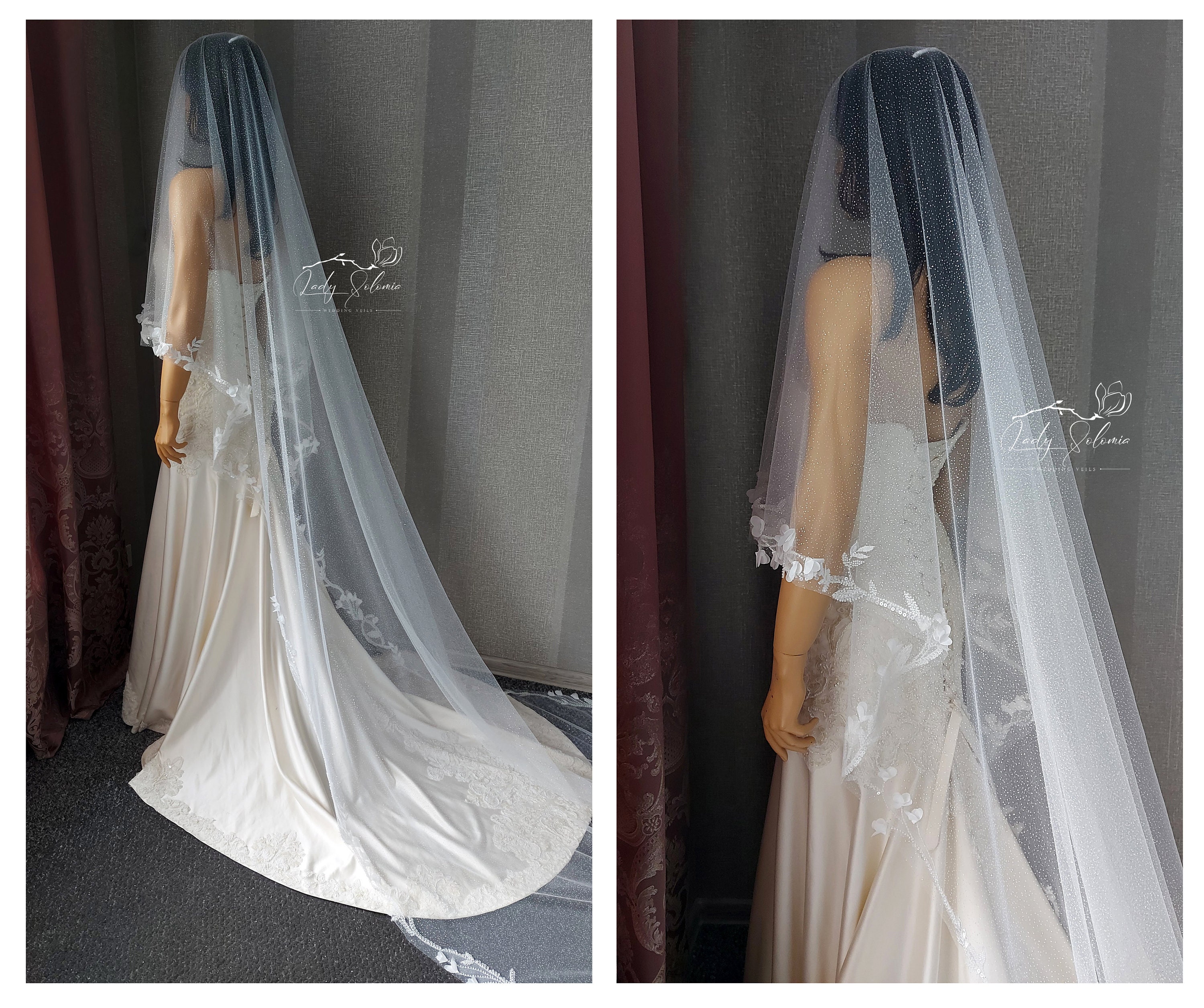 3D floral detail veil, 120 inches, with blusher, light ivory- NEVER WORN 3D Flower Bridal Veil with Blusher – Organza Appliqué  main image 4