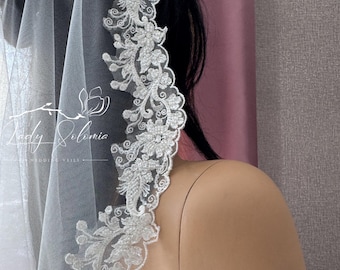Mantilla nupcial de encaje con flores Velo de encaje bordado Velo de encaje catedral Velo nupcial bordado Mantilla de encaje velo de novia velo floral nupcial