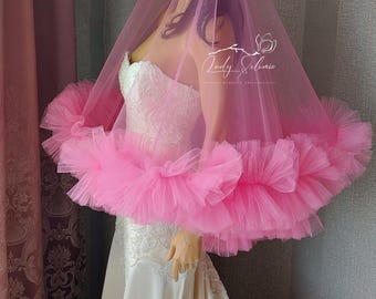 Hot Pink Ruffle Veil Frill Tulle Veil Ruffled Wedding Veil Blusher