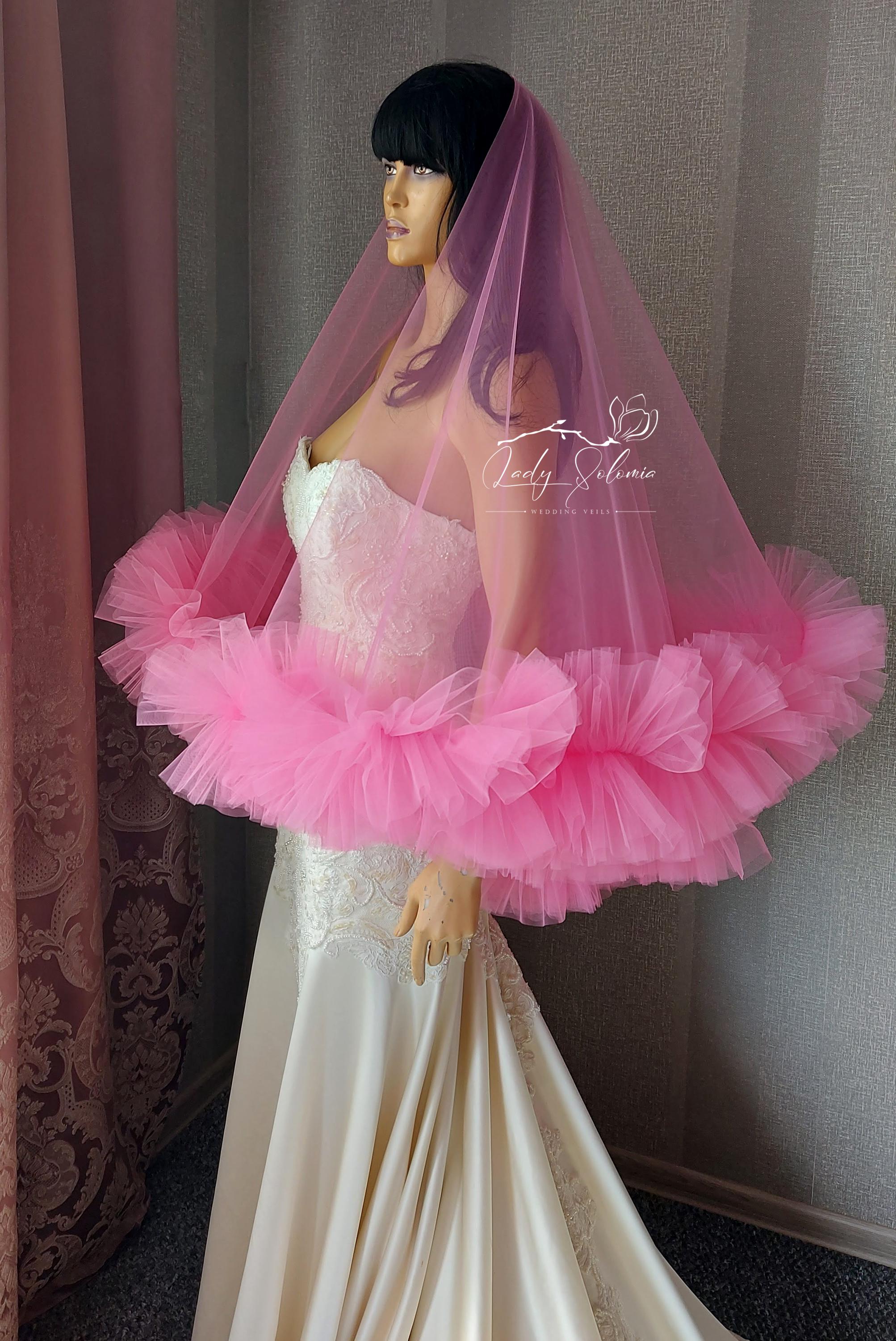 【新品】 NOTREémor tulle veil tops pink Hot Pink Ruffle Veil Frill Tulle Veil Ruffled Wedding Veil Blusher