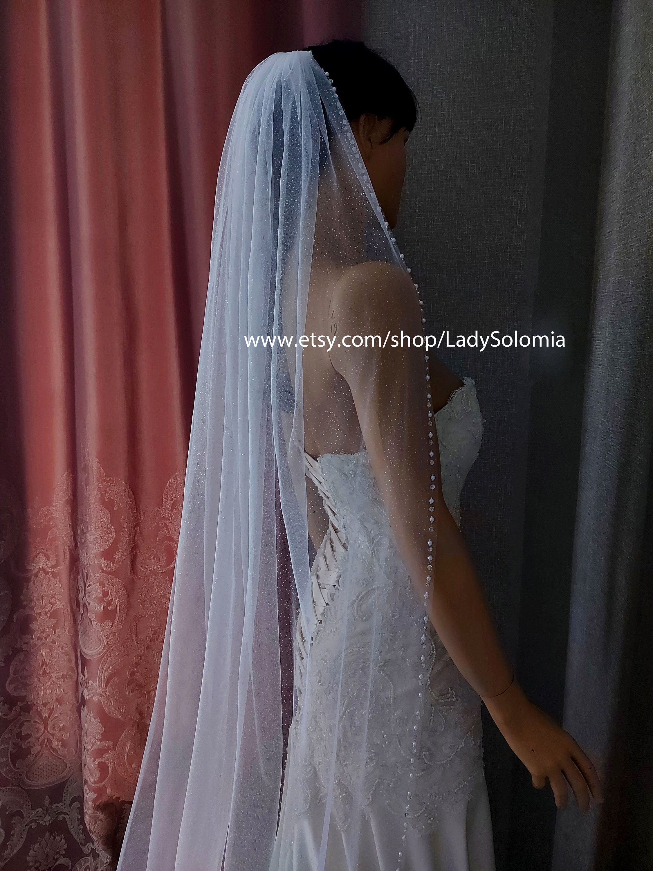 Glitter Veil Shiny Veil One Tier Glitter Pearls Bridal Veil  display picture 2