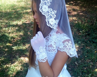 First Communion Veil + Gloves, Flower Girl veil, Lace Communion Veil, Communion Gloves, Confirmation Veil, Junior bridesmaid Holy Communion