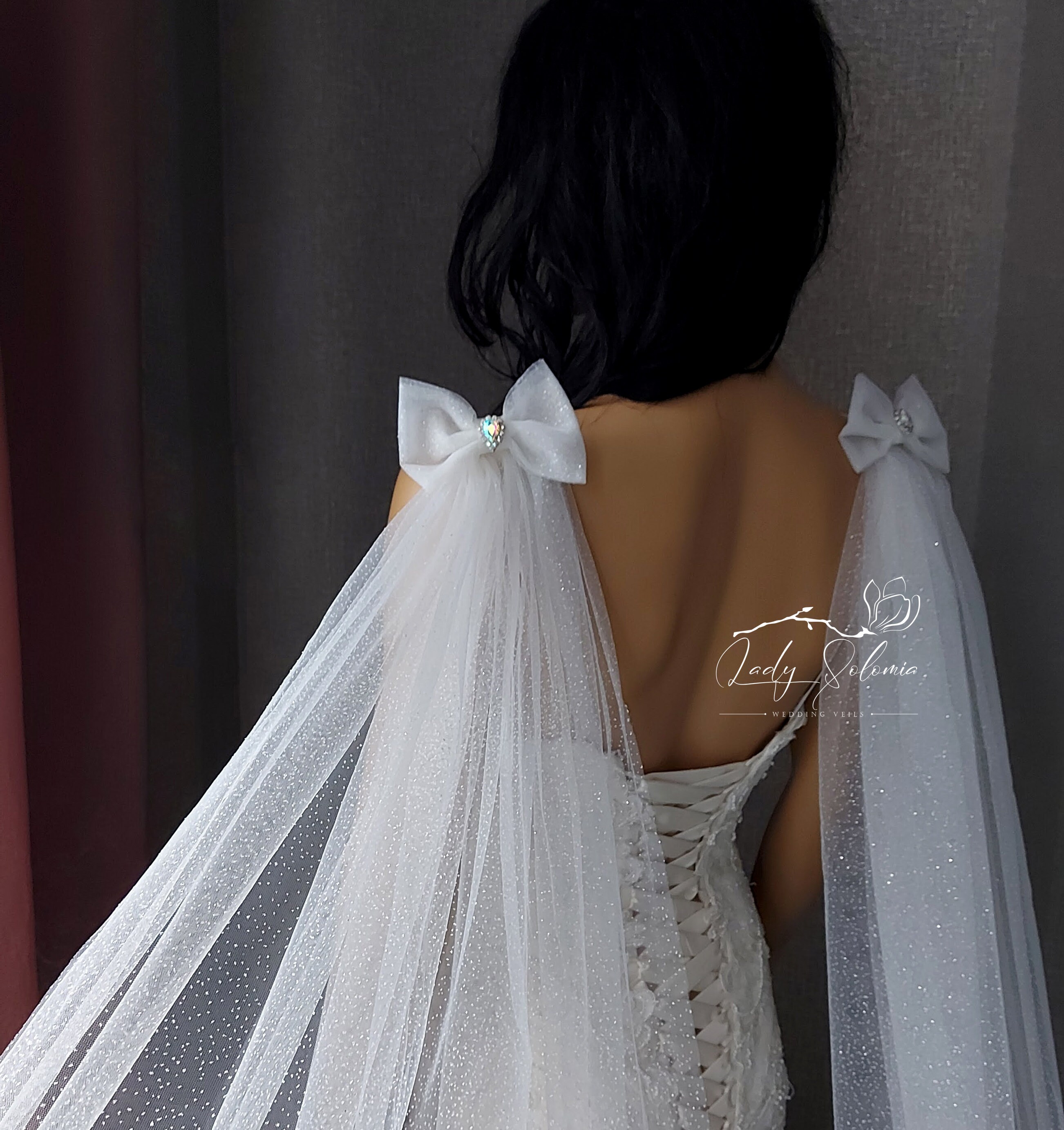 Wedding Veil Bow, Bridal Wings, Bow Cape Veil, Detachable, Soft Tulle Bride Chapel bridal veil with silk bow - Whisper chapel veil with  main image 4