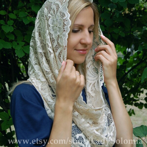 Soft Beige lace scarf, Beige infinity veil, Christian Headcovering, Traditional Catholic Infinity Catholic Chapel veil Latin Mass Veil Snood