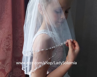 First Communion Veil, Flower girl veil 2 tier communion veil, Pearls Communion veil, Holy Communion Mantilla Communion, Two-tiered girl veil