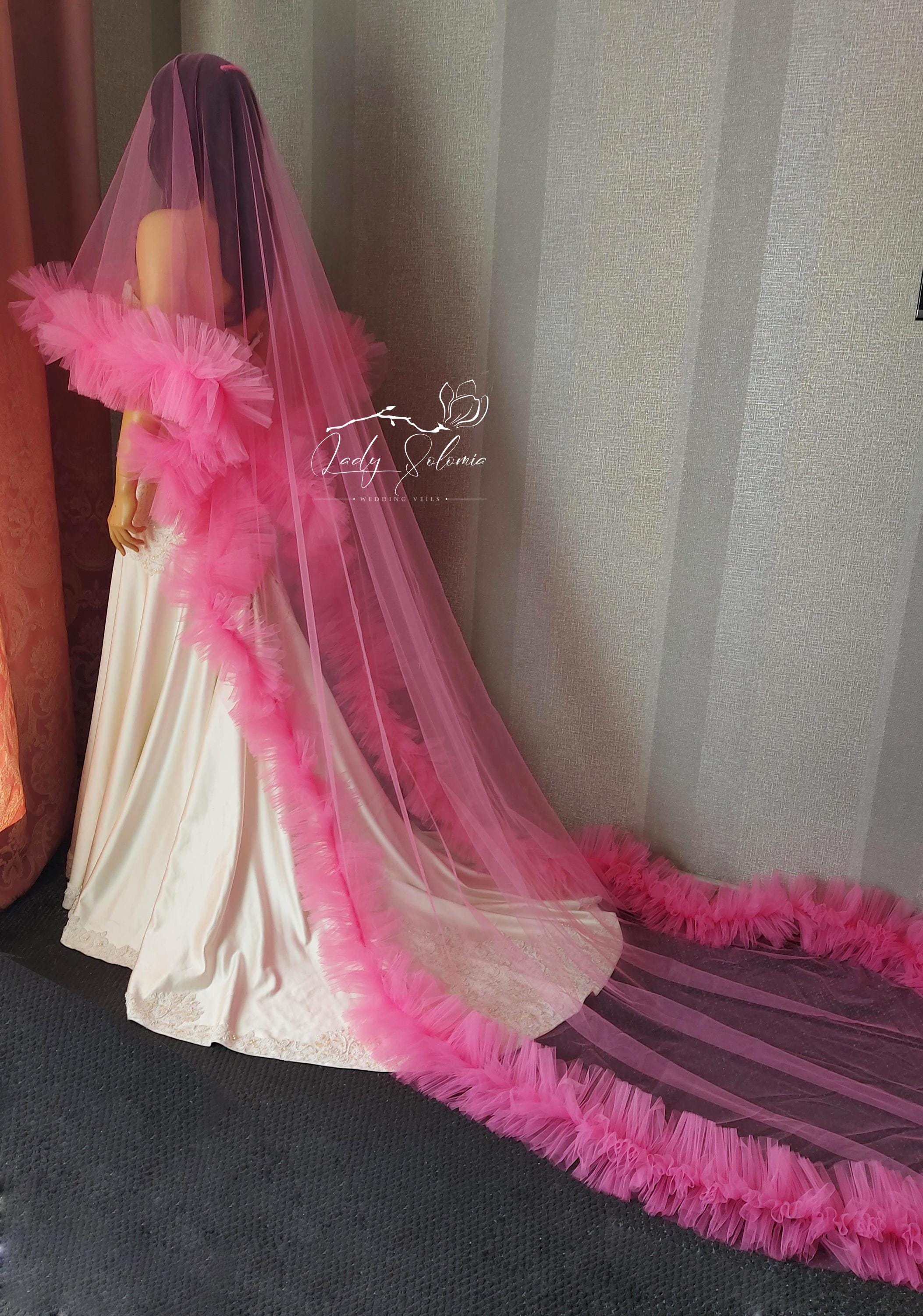 Hot Pink Ruffle Veil Frill Tulle Veil Ruffled Wedding Veil Blusher