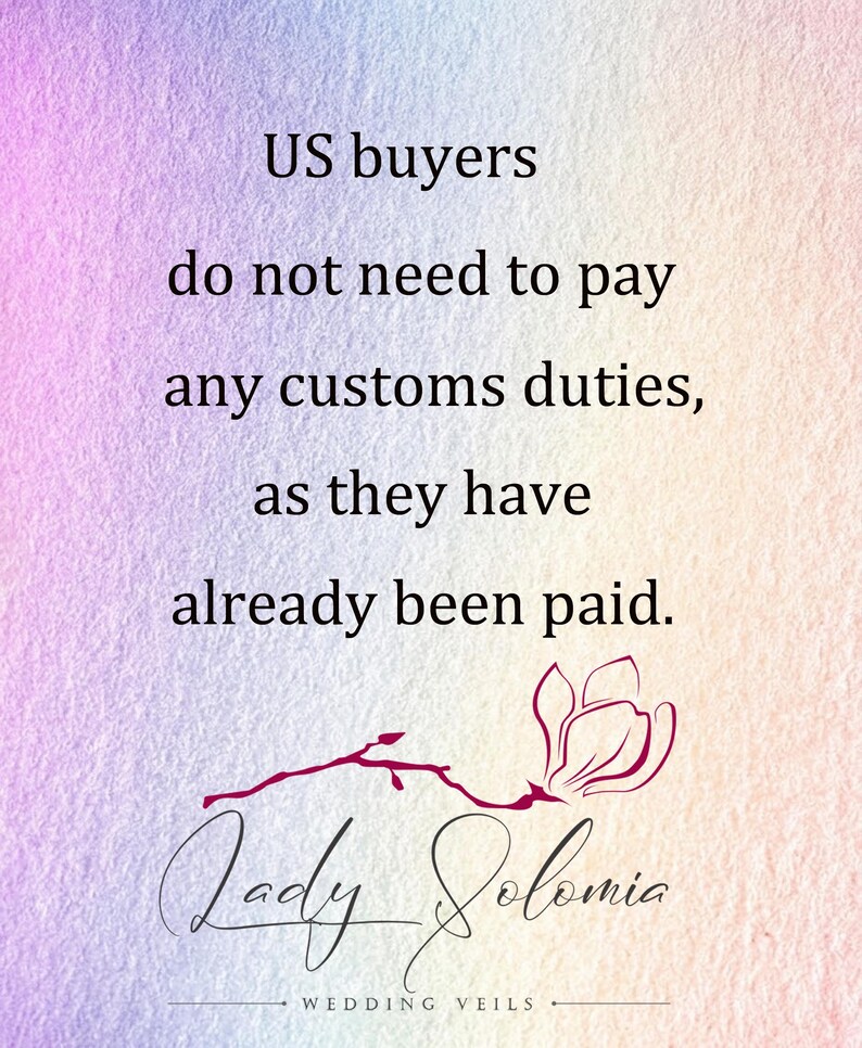 May include: A textured background with a soft gradient of purple, pink, and orange. The text reads: US buyers do not need to pay any customs duties, as they have already been paid. Below is a dark pink floral illustration and the text Lady Solomia.