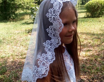 White Lace Mantilla First Communion Veil, First Holy Communion  Mantilla, Flower girl veils, Veil for Princess, Communion Accessory Catholic